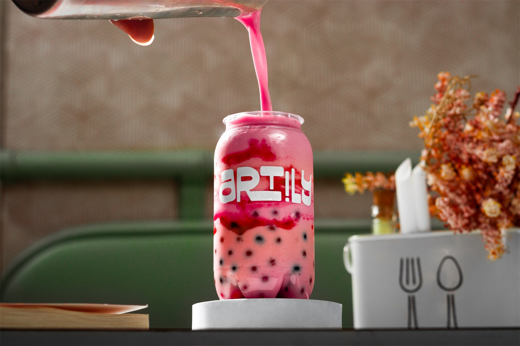 Bubblegum shake with popping bubbles